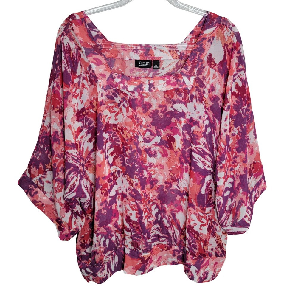 ana A New Approach Women 2X Pink Purple Abstract Floral Square Neck Blouse Sheer